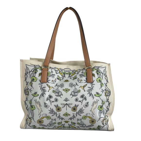 Tory Burch Nylon Ella Tote Bag Meadow Print Floral Rabbit Bird Nature Scene ASIS - Picture 6 of 9